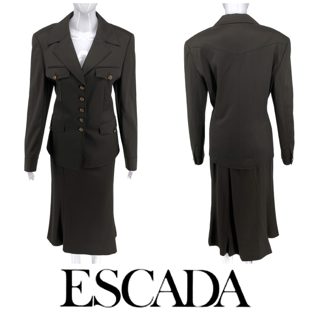 Vintage Escada Sz DE 42 US 12 Brown Wool 2 Pc Military Style Career Skirt Suit